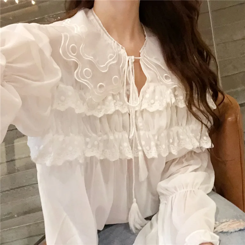  Woherb Elegant Lace Shirt Women Causal Solid White Blouses Ruffles Blusas Bandage Ladies Tops Long 