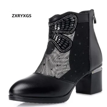 

2019 Spring and Summer Cool Mesh Genuine Leather Shoes Woman Boots High Heel Sandals Thick with Rhinestone Shoes Women Sandals