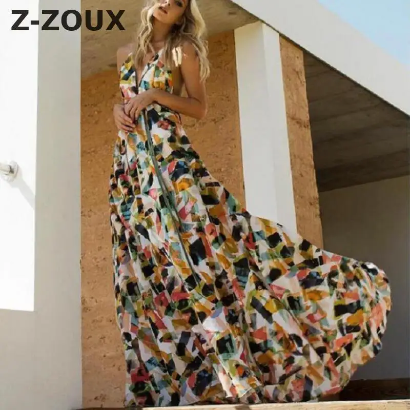 

Z-ZOUX Women Dress Deep V Neck Sleeveless Print Bohemia Dresses Sexy Long Print Floral Maxi Dress Sexy Long Summer Dresses 2019