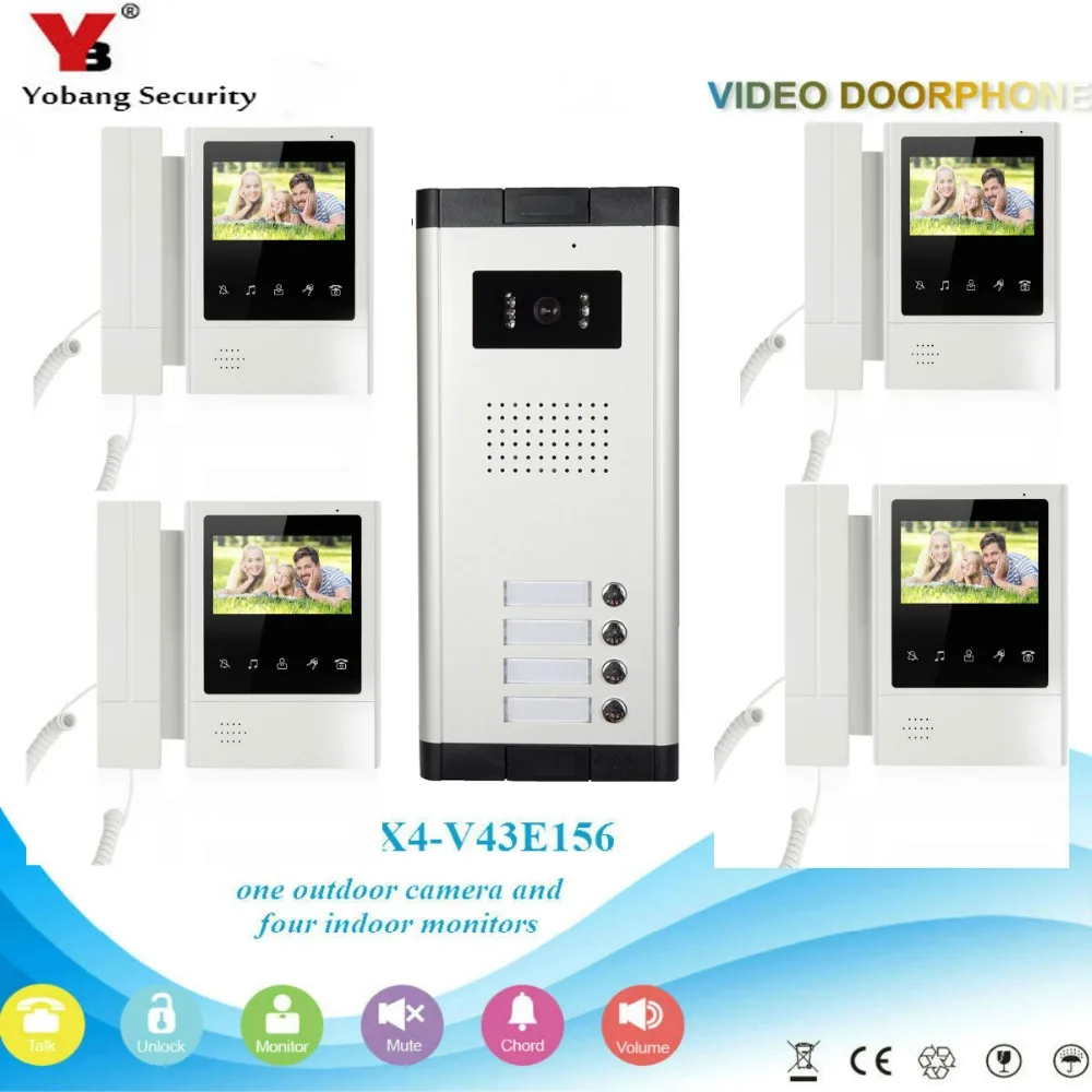 Yobang Security Video Door Phone Intercom 4.3\ Color Access Control For 1 Camera 4 Monitor Villa House Security Doorbell Camera
