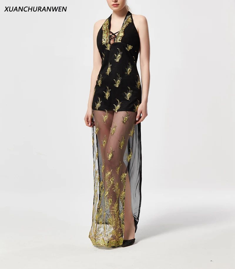 

Sexy Party Dress Embroidered Sequin Dresses Women Long Maxi Backless Halter Dress Summer Dress Mesh Club Wear XZ1942