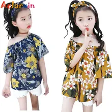 Детские рубашки для девочек, летние блузки с открытыми плечами для детей, одежда с принтом, брендовые топы для детей 4, 6, 8, 9, 10, 12 лет, блузки для девочек