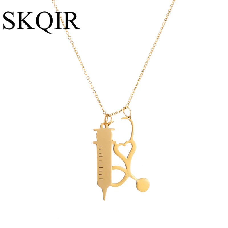 SKQIR Золотая медицинская стетоскоп подвеска в виде шприца ожерелье звеньевая