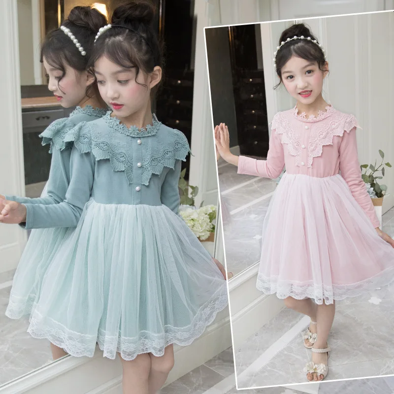 Kids Baby Dress Spring Princess Lace Dresses for Teenage Girls 2019 Solid Color Long Sleeve Patchwork Clothes Children Clothing | Детская