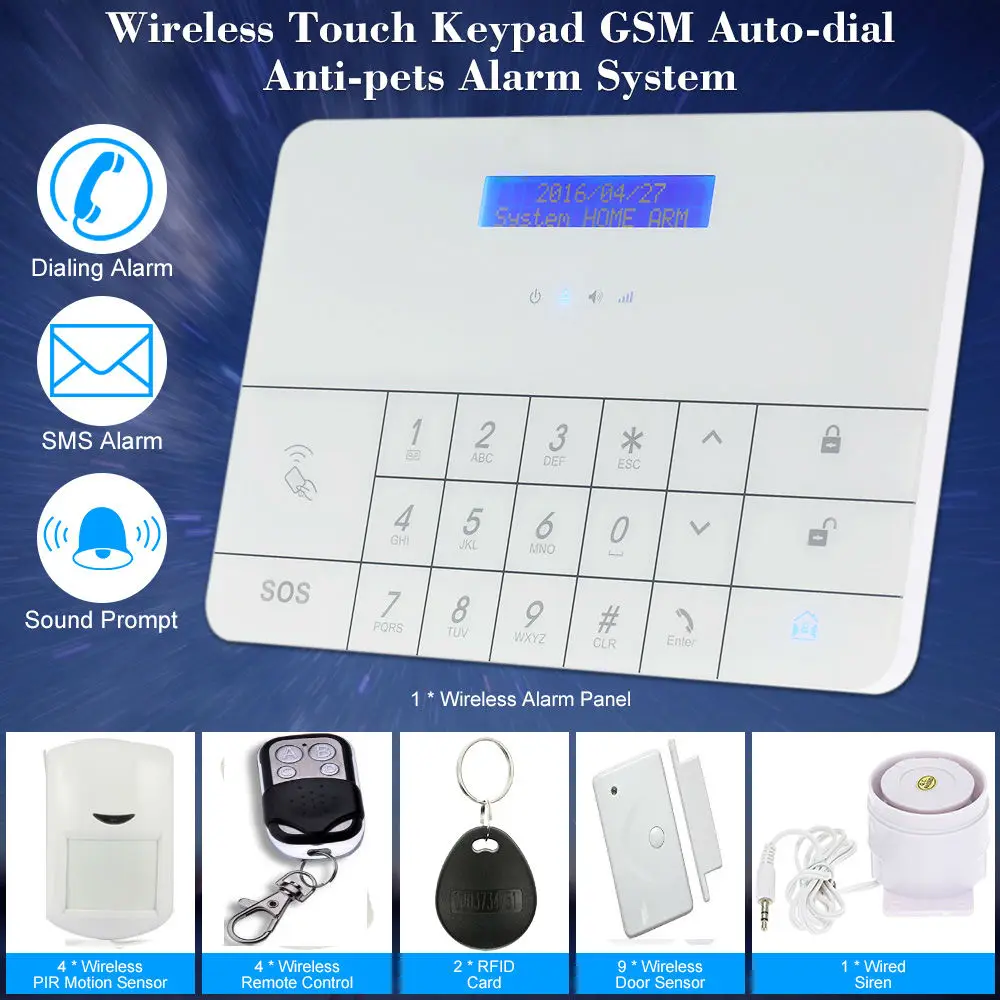 LCD Security Wireless GSM Home Alarm System SMS Control House Burglar Intruder Alarm System PIR Motion Door/Window Detector