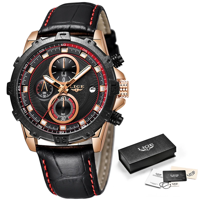 LIGE Men Watches Top Brand Luxury Leather Casual Quartz Watch Men Army Military Sport Large Dial Quartz watch Relogio Masculino