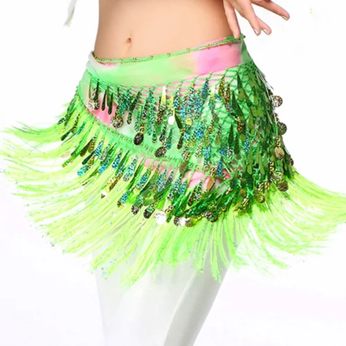 Women Belly Dance Clothing Accessories Teardrop Paillettes Fringe Wrap Elastic Base Tie-Dye Triangle Belts Coins Hip Scarf Green with sequins