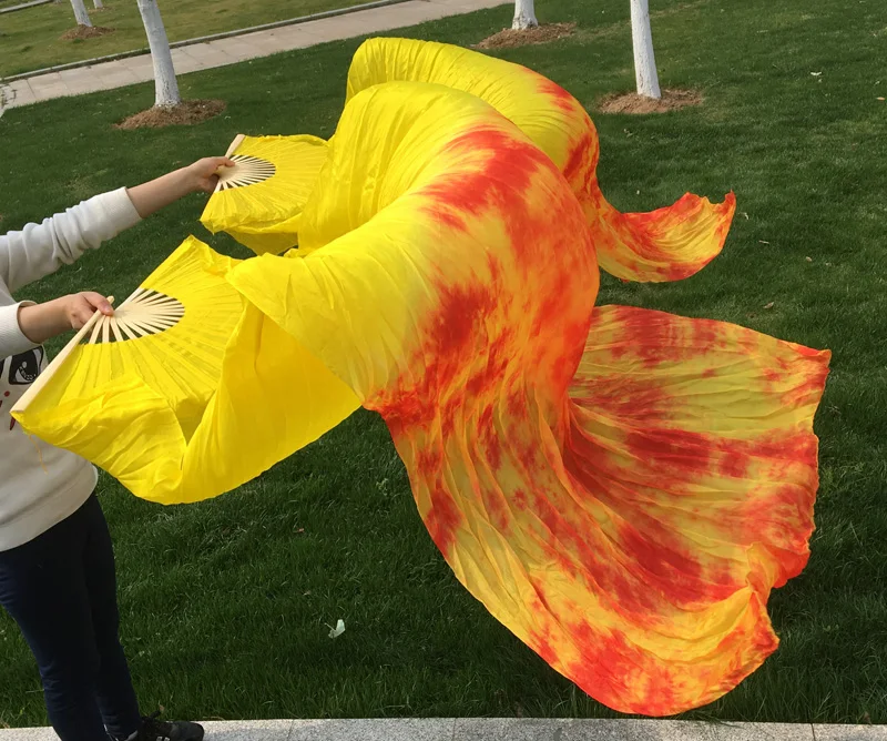 

Tie Dyed Belly Dance Fan Veils For Oriental Dancing Silk Veil Fan Stage Performance Property 180cm Yellow Red