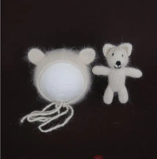 Пушистая детская одежда, эластичная вязаная пеленка для новорожденных, Шапочка-медвежонок с игрушкой, полный комплект, реквизит для фотосъемки, игрушка для малышей - Цвет: hat and toy