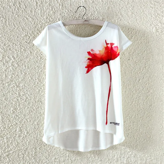 Black White Floral Print White T Shirt Tshirt Women Top Tee Short