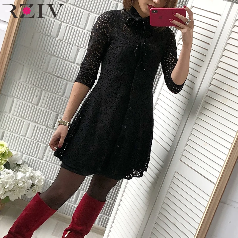 

RZIV spring women dress casual solid color black bow decoration lace dress