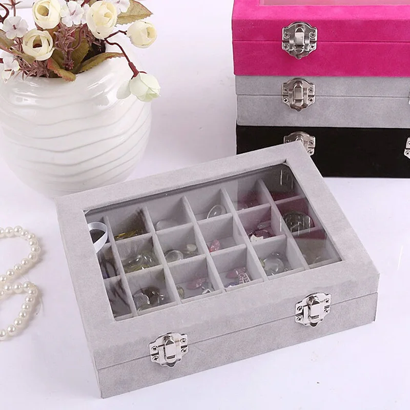 

24 Grids Black Rose Red Velvet Jewelry Box Rings Earrings Necklaces Makeup Holder Case Organizer Women Jewelery Storage