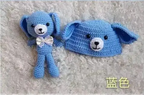

Newborn Baby Photography Props Accessories Bear Hat Cap + Doll Sets Infant Bebe Handmade Knitted Beanie Bear Toy 0-1M OR 3-4M