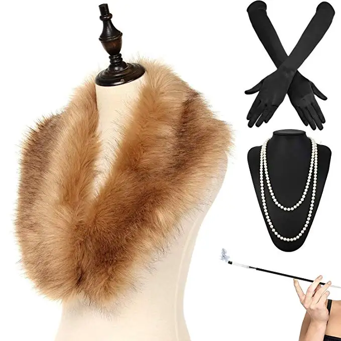 

1920s Accessories Faux Fur Collar for Winter Coat Flapper Boa Cigarette Holder Faux Necklace Long Gloves