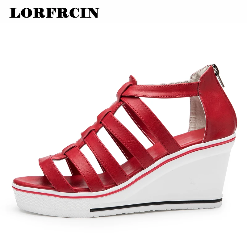 Gladiator Sandals Women Wedges Platform Sandal Leather Peep Toe Zip High Heels Women's Sandals Summer Shoes For Woman Plus Size lenkisen genuine leather big size wedges summer shoes gladiator super high heels straw platform sweet style women sandals l45