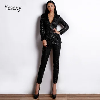 

Yesexy 2020 Sexy Long Sleeve Button Two Pcs Sets sequin long pants Solid Color Elegant Retro Playsuit VR18454