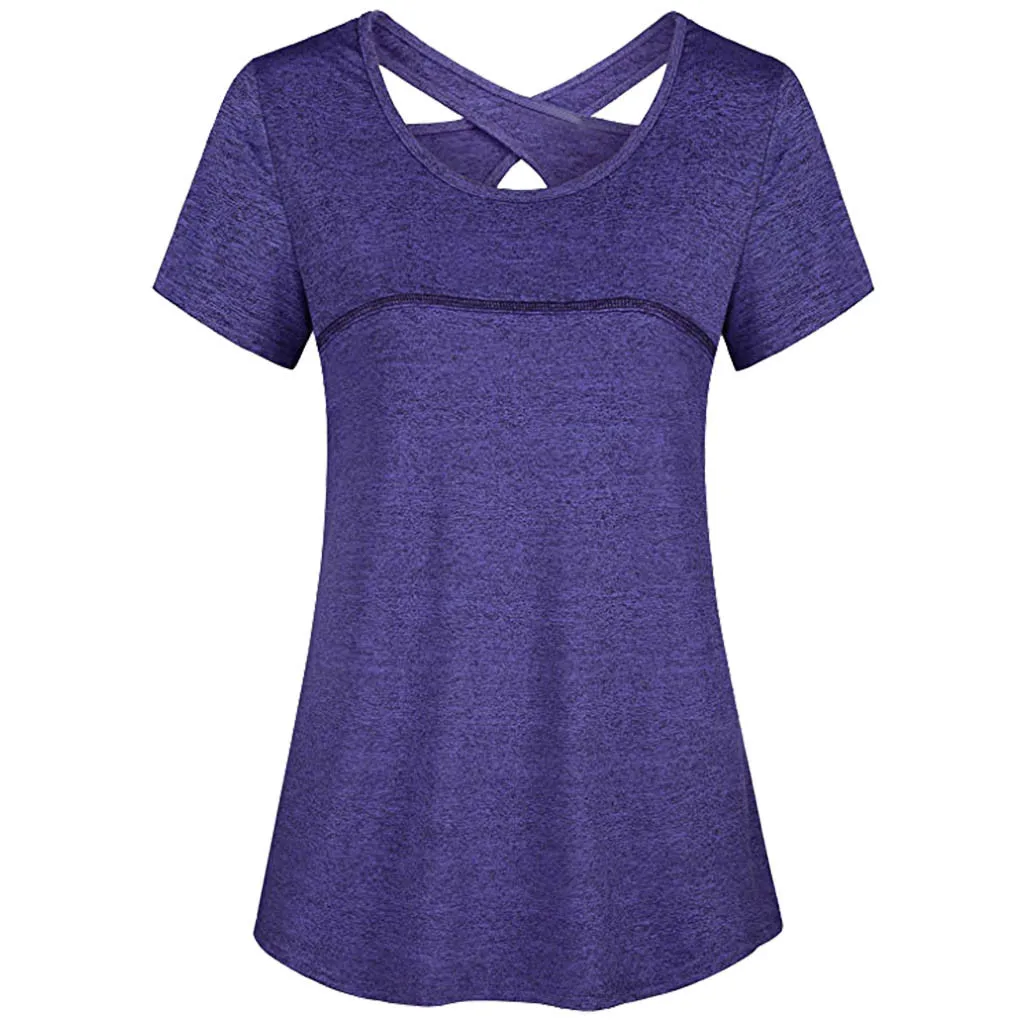 

JAYCOSIN 2019 New Summer Women T-shirt Solid Tunic Short Sleeve O-Neck Criss Cross Babdage Back Sports Gym Athletic 9May1239