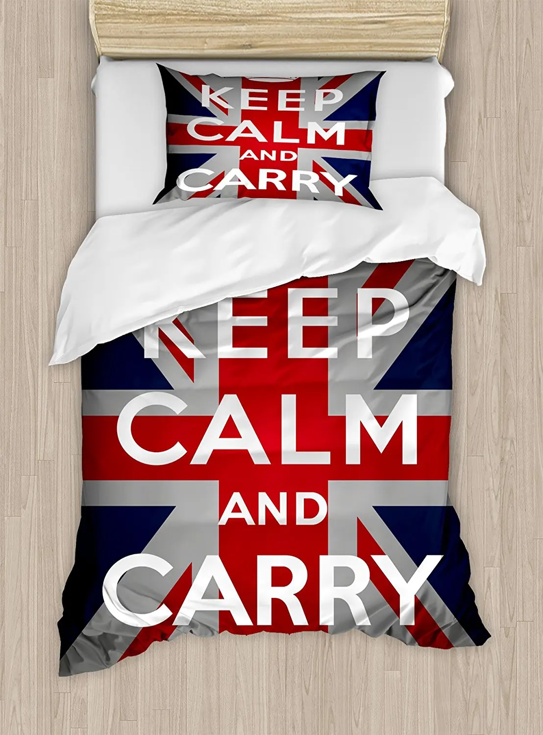 

Union Jack Duvet Cover Set Keep Calm and Cary On Quote Crown Figure United Kingdom Britain Flag Bedding Set Navy Blue Red White
