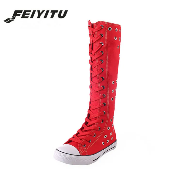 Feiyitu/женские ботинки танцевальная обувь до колена для черлидеров парусиновая обувь с боковой молнией, впитывающая пот, с перекрестной шнуровкой, с отверстиями, большие размеры 35-43