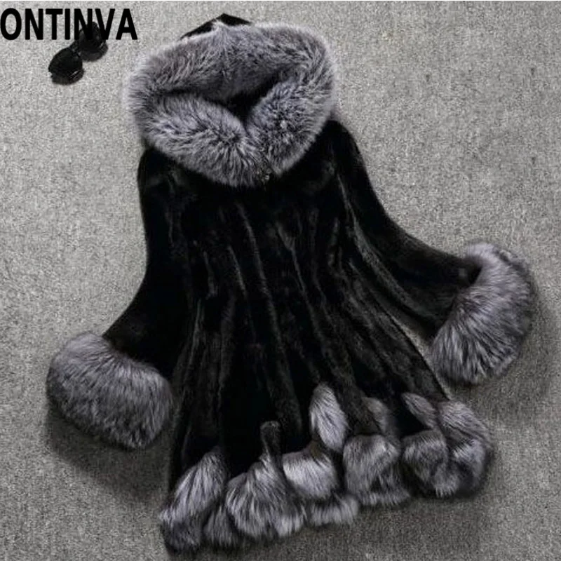 Faux Fur Coats Women Fluffy Artificial Fox Fur Overcoat with Belt Winter Warm Jackets Long Sleeve Hooded Plus Size 6XL Outerwear - Цвет: Черный