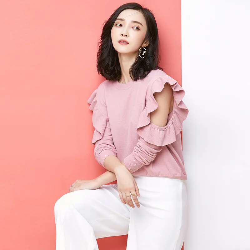 

Spring and Autumn Sweet Loose Knited Sweater Women Solid Color O-Neck Sexy Pullover knitwear Ruffles hollow out Sleeve