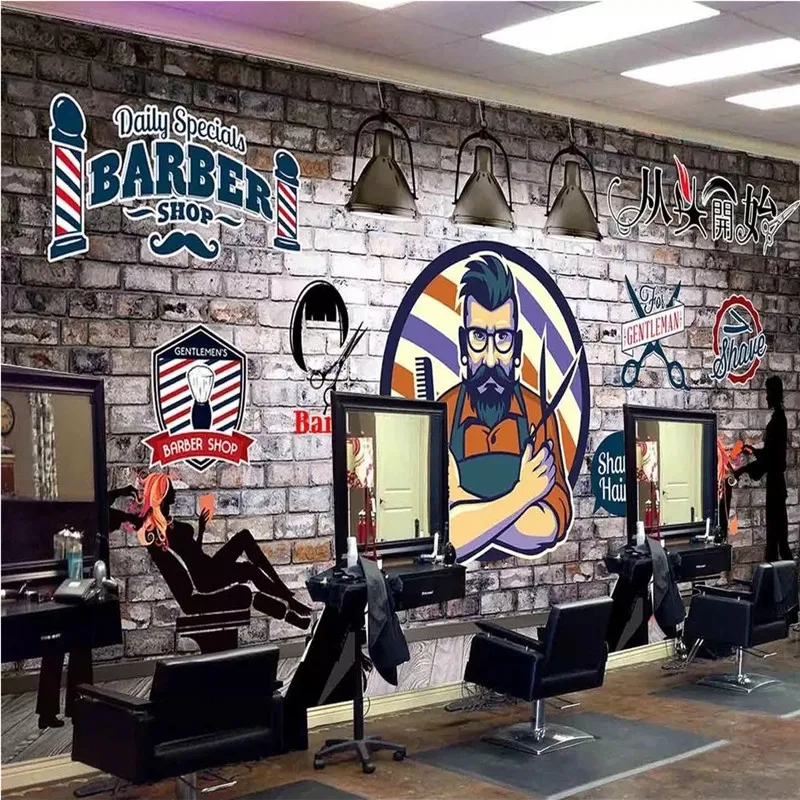 Personalized Custom Barber Shop Decor Mural Papel De Parede 3D Men's Hair Design Red Brick Background Wallpaper 3D Wall Paper