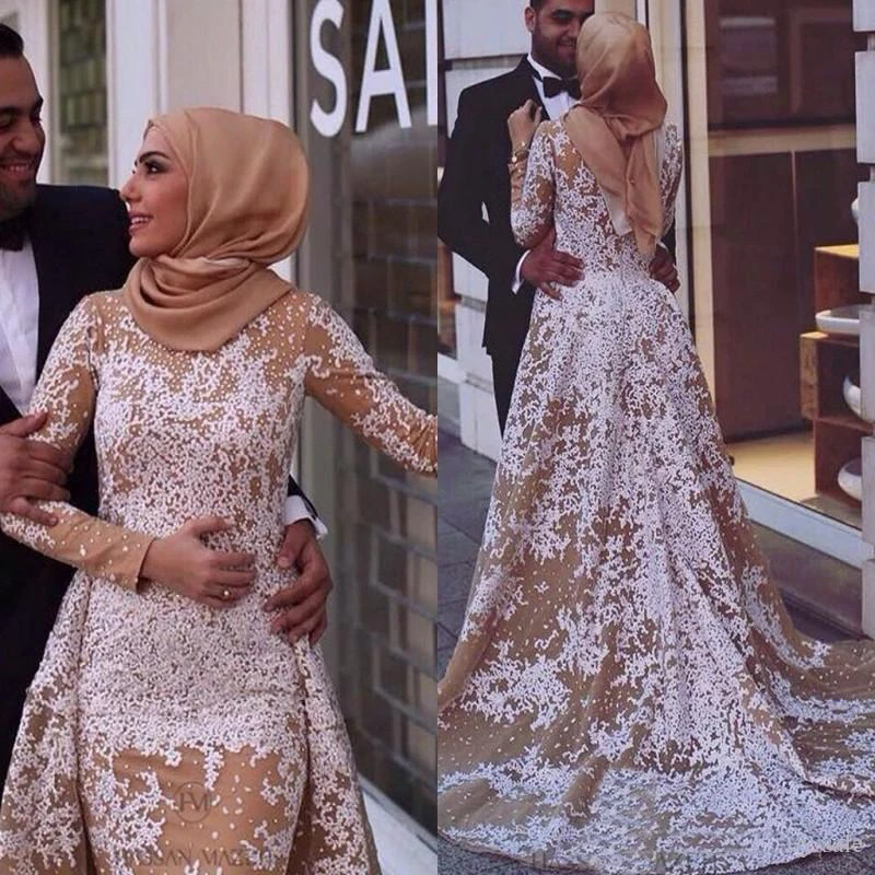 2017 Long Sleeves Muslim Evening Dress Hijab Champagne White Lace Appliques Prom Dresses Mermaid