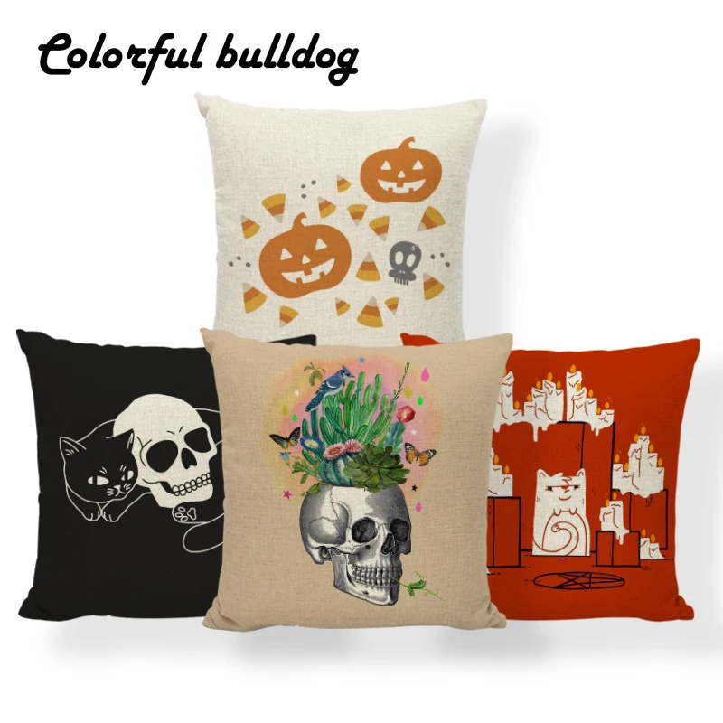 

Halloween Pineapple Flamingo Horror Cushion Covers Sugar Skull Bird Cat Cactus Pillow Bed Gift For Sofa Throw Pillow 18X18 Linen