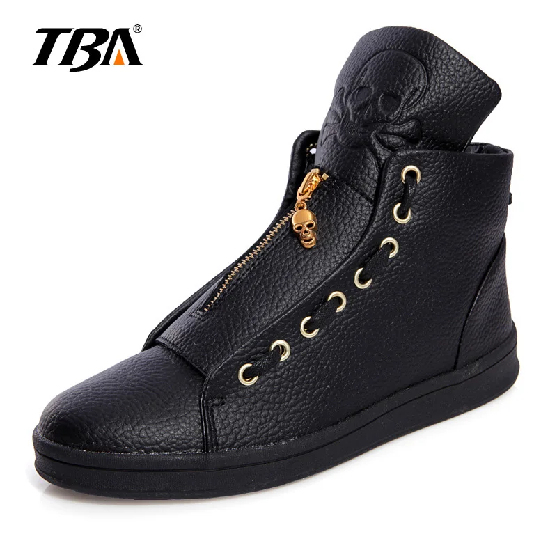 

TBA Men Leather Shoes Winter High Top Skull Gold Zipper Design Men Shoes Hip Hop Skeleton Mens Joggers Zapatillas Homme