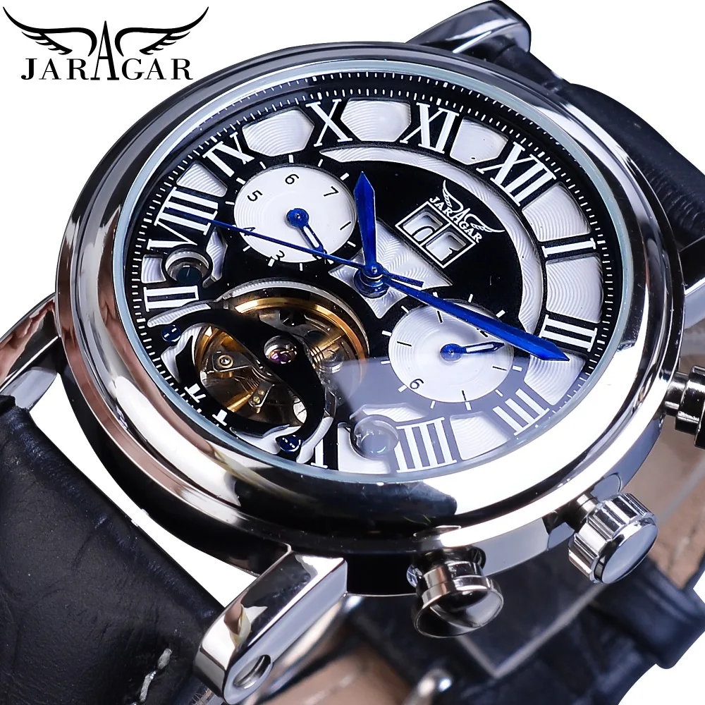 Jaragar Tourbillion дизайн римские роскошные черные пояса из натуральной кожи мужские модные автоматические наручные часы лучший бренд роскошные часы