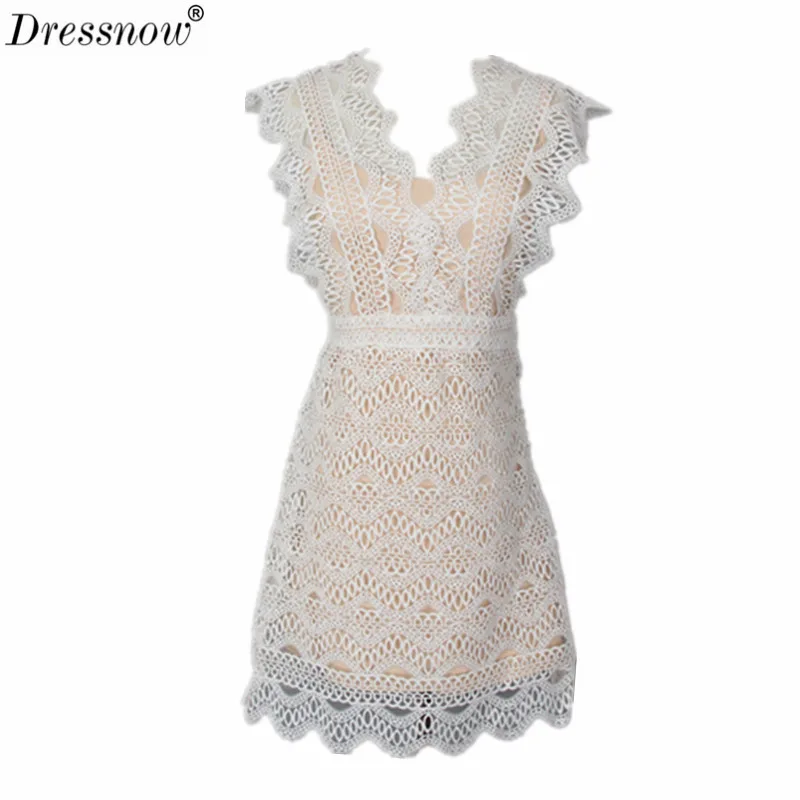 

Dressnow Women High Quality Hollow Out Sexy Party Dress Ladies Deep V Neck Short Slim Tunic Dresses Sleeveless Runway Dress