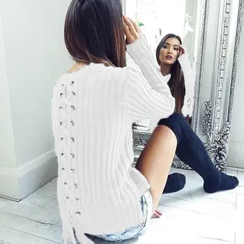 

Women knitted Sweaters 2017 Warm Winter Pullovers Winter Lace Up Long Sleeves Elegant Office Lady Work Jumper LJ5644Y