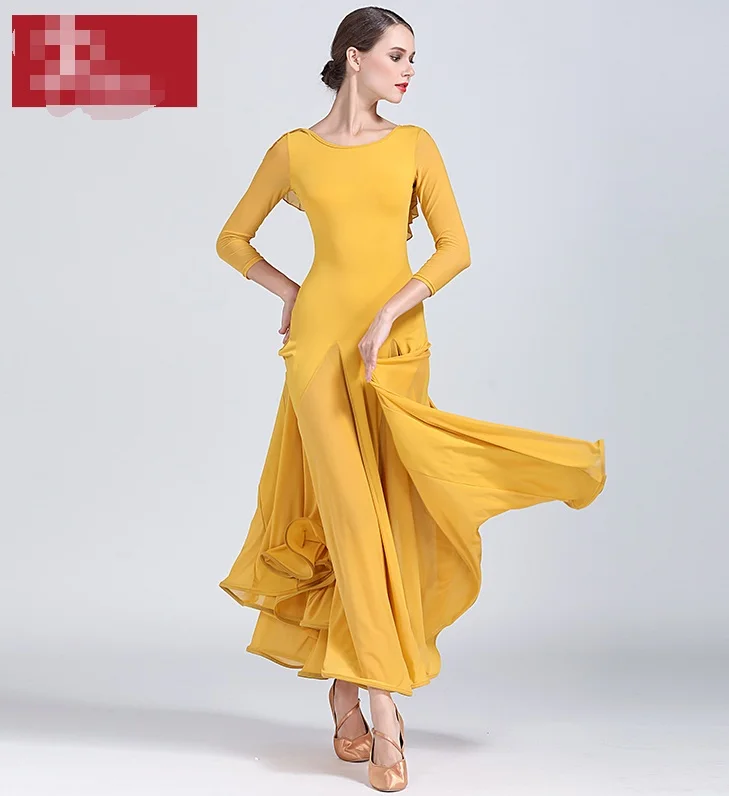 Ballroom Dance Competition Dresses High Quality Long Sleeve Flamenco Skirt Women Stage Ballroom Dress red green yellow S9035