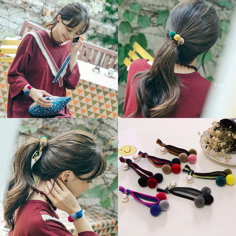 Women Hair Accessories Elastic Hair Bands with Velvet Ball Ponytail