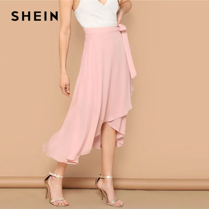 SHEIN Асимметричная Однотонная Юбка С Узлом Женская Летняя Розовая Богемная