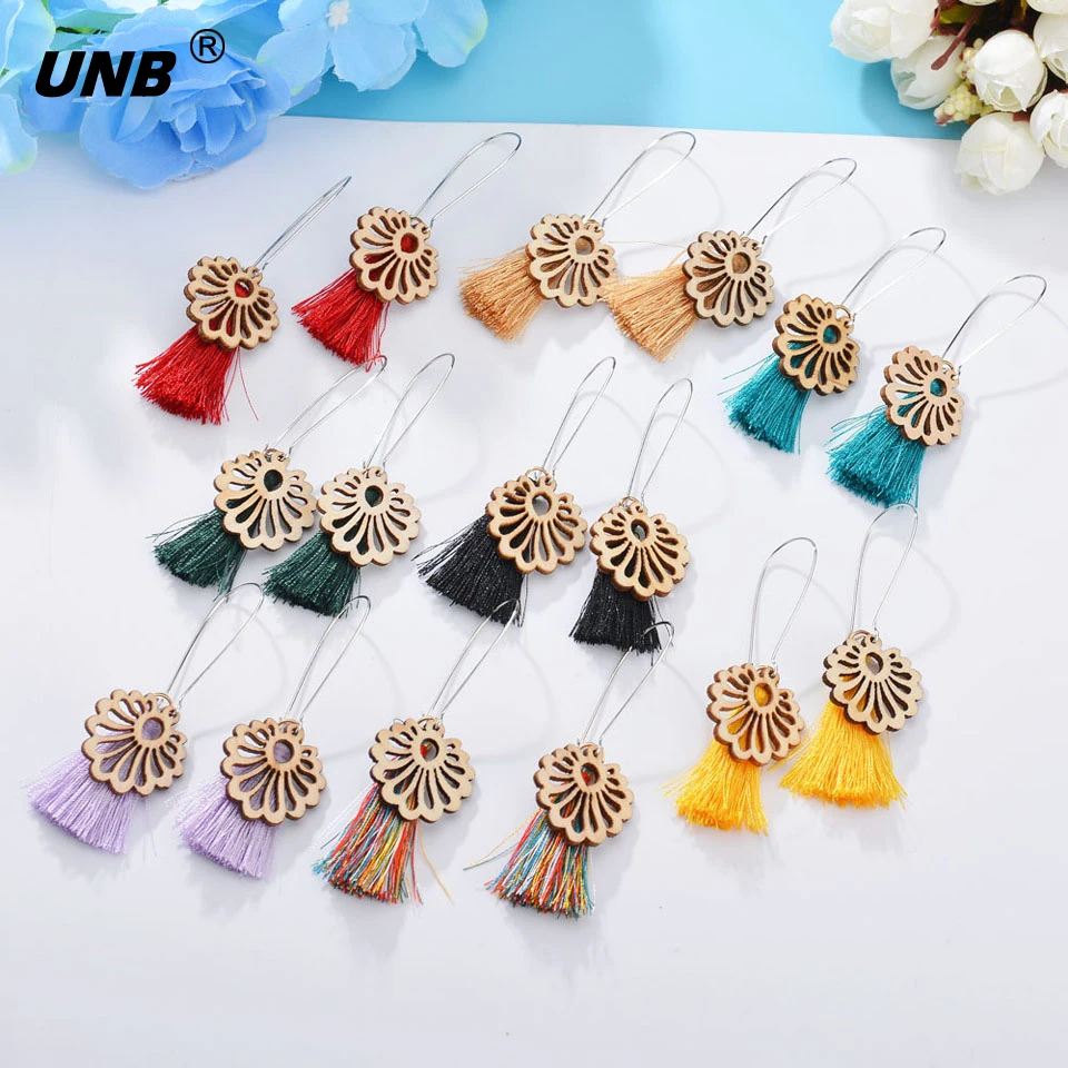 

UNB New Hollow Flower Wood Earrings for Women Colorful Long Tassel Dangle Earings DIY Fringed Earrings Jewelry Gifts for Female