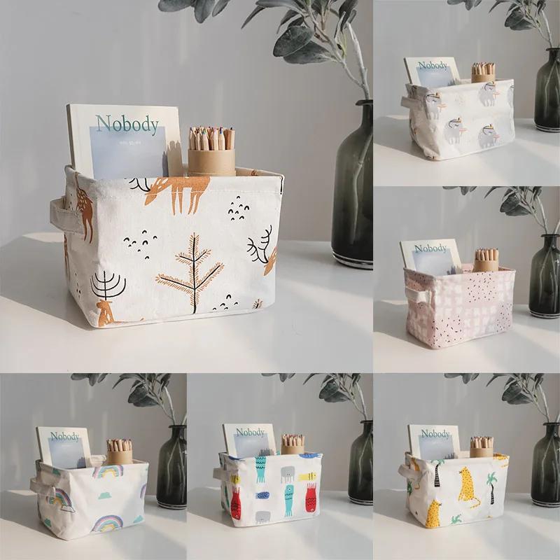 

1Pcs Foldable Multifunction Cotton Linen Cute Printing Desktop Storage Basket Sundries Storage Box Waterproof Laundry Basket