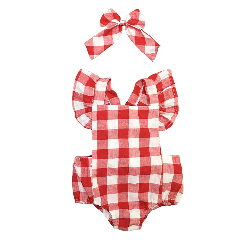 

Baby Girls Bodysuits Red Lattice Kids Cute Bowknot Clothing