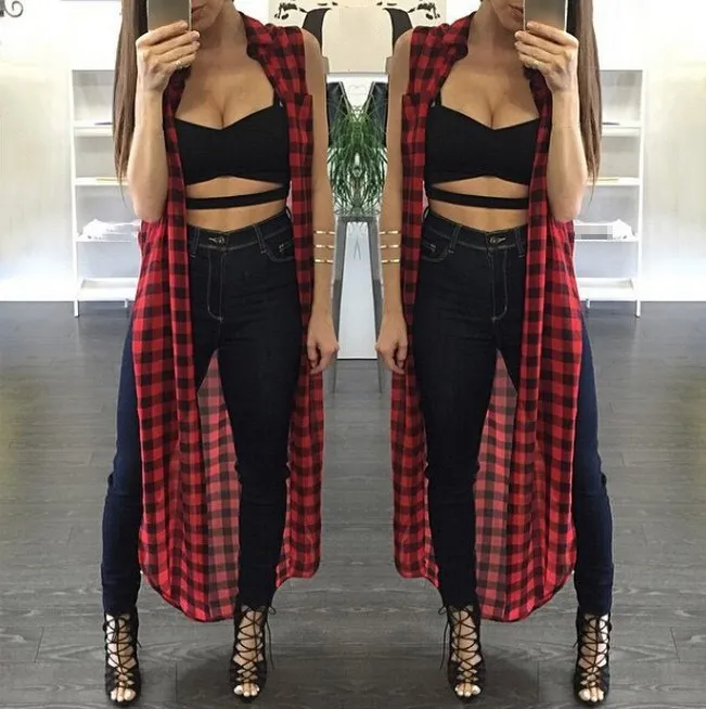 

2019 Summer Women Long Plaid Sleeveless Vest Outerwear Casual Long Blouse Korean Style Tops Cardigan Coat Blusas