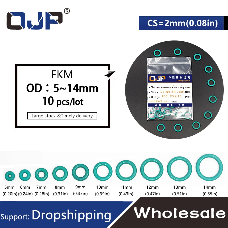 10 шт. фторсодержащий каучук кольца зеленый FKM уплотнительное кольцо Диаметр 5/6/7/8/9/10/11/12/13/14*2 мм Толщина кольцевое уплотнение масла прокладки топлива шайба