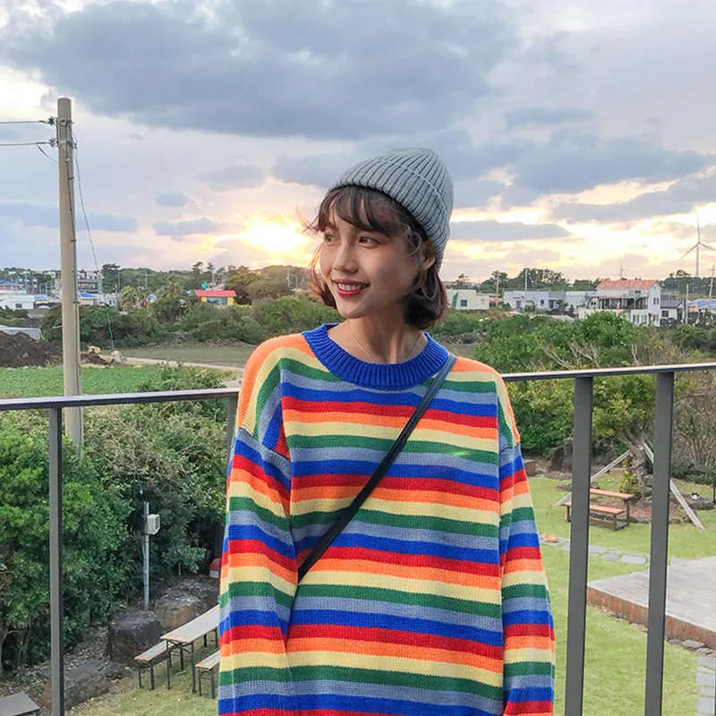 2018 autumn and winter loose rainbow stripe knitted O neck sweaters womens pullovers (F1337) | Женская одежда
