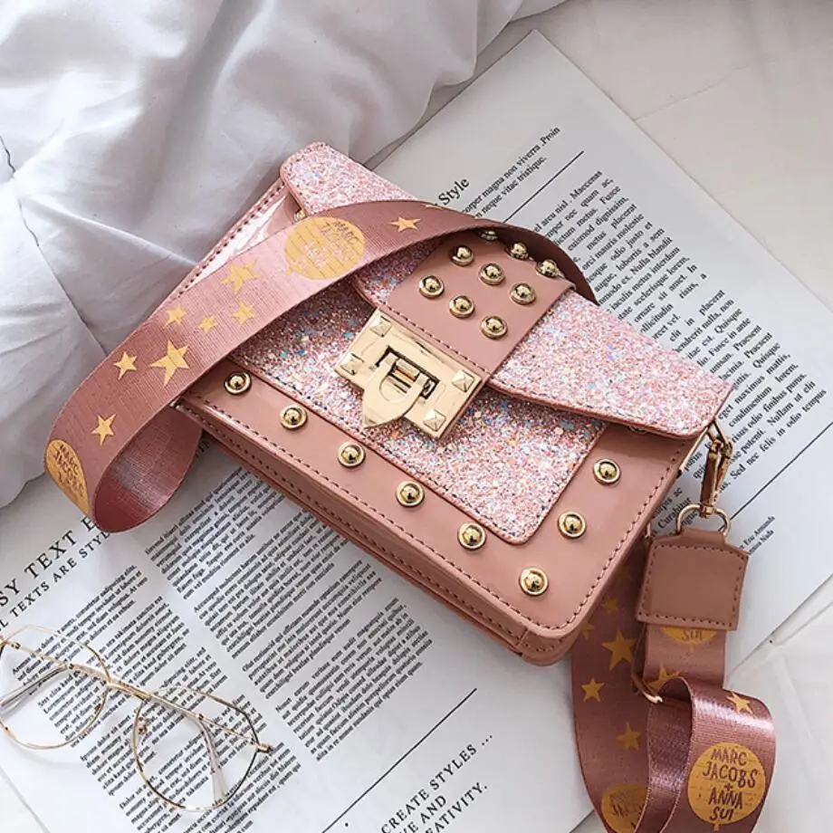 

Sequin Square bag 2019 Fashion New High Quality PU Leather Women's Designer Handbag Sweet Girl Rivet Lock Shoulder Messenger bag