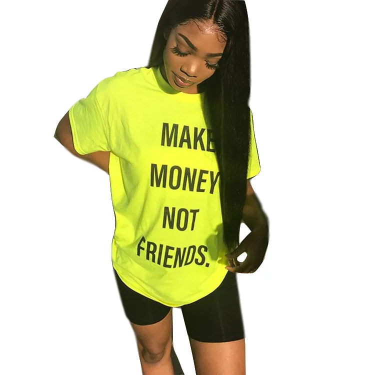 Женская футболка с круглым вырезом желтая забавными надписями Make Money Not Friends лето