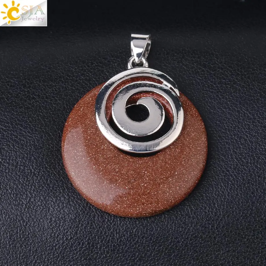 Brown Sand CSJA подвески из натурального камня для ожерелья полые круглые спиральные фиолетовые розовые кристаллы содалит тигровый глаз авантюрин опал рейки F863 - Окраска металла: Brown Sand