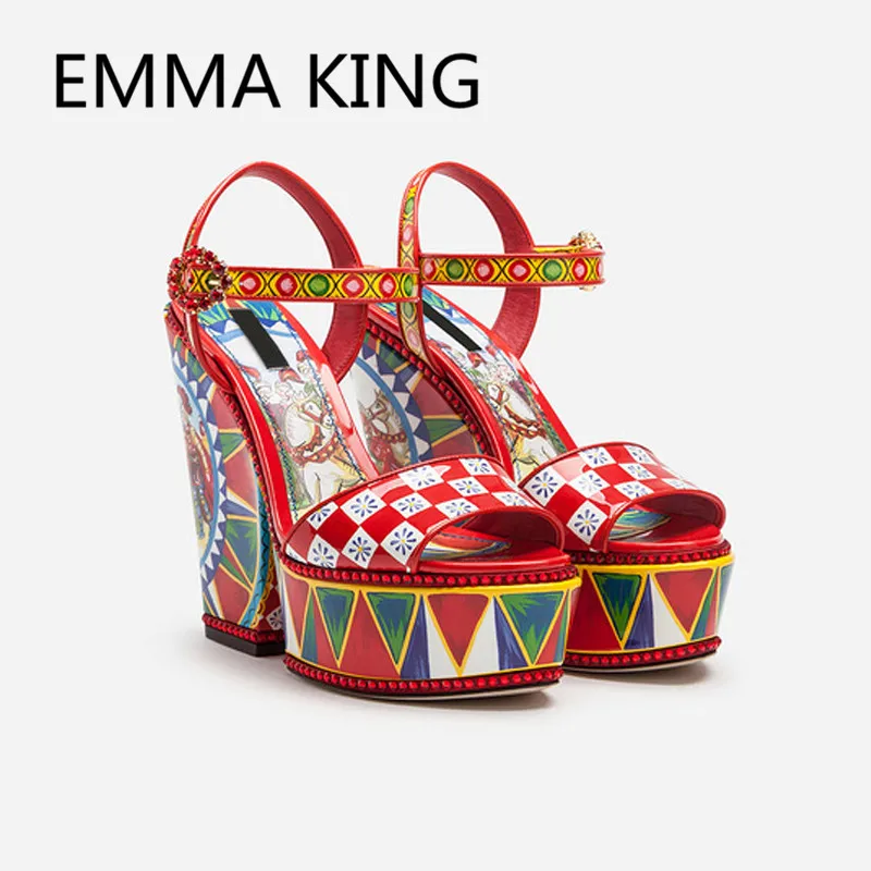 

Bohemia Style Prints Women Platform Sandals Open Toe Ankle Strap Ladies Chunky High Heels Shoes Woman Red Sexy Gladiator Sandals