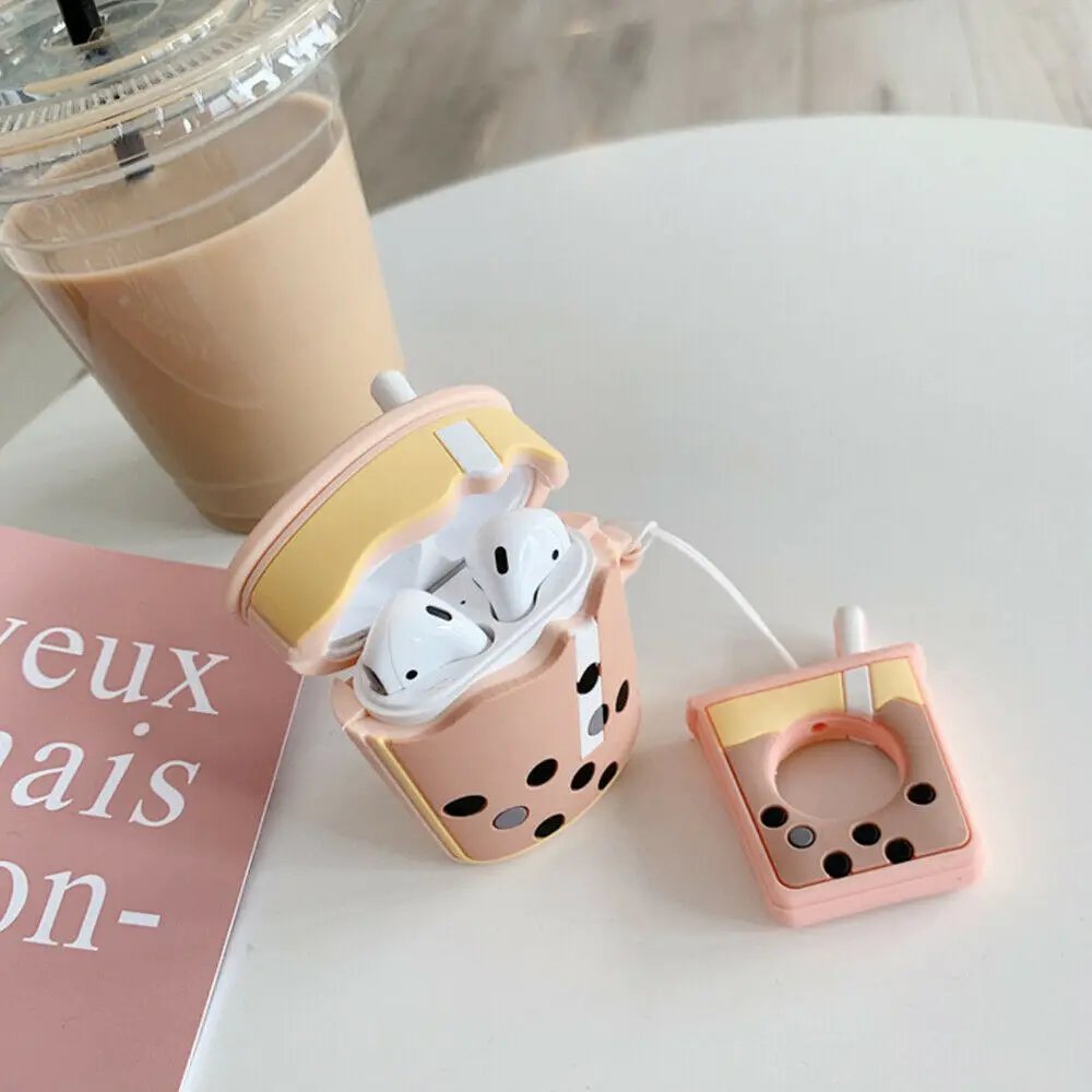 

3D Cute Milk tea Earphone Cases For Apple Airpods Accessories Protect Cover with Finger Ring Strap Silicone Cover Earphone box