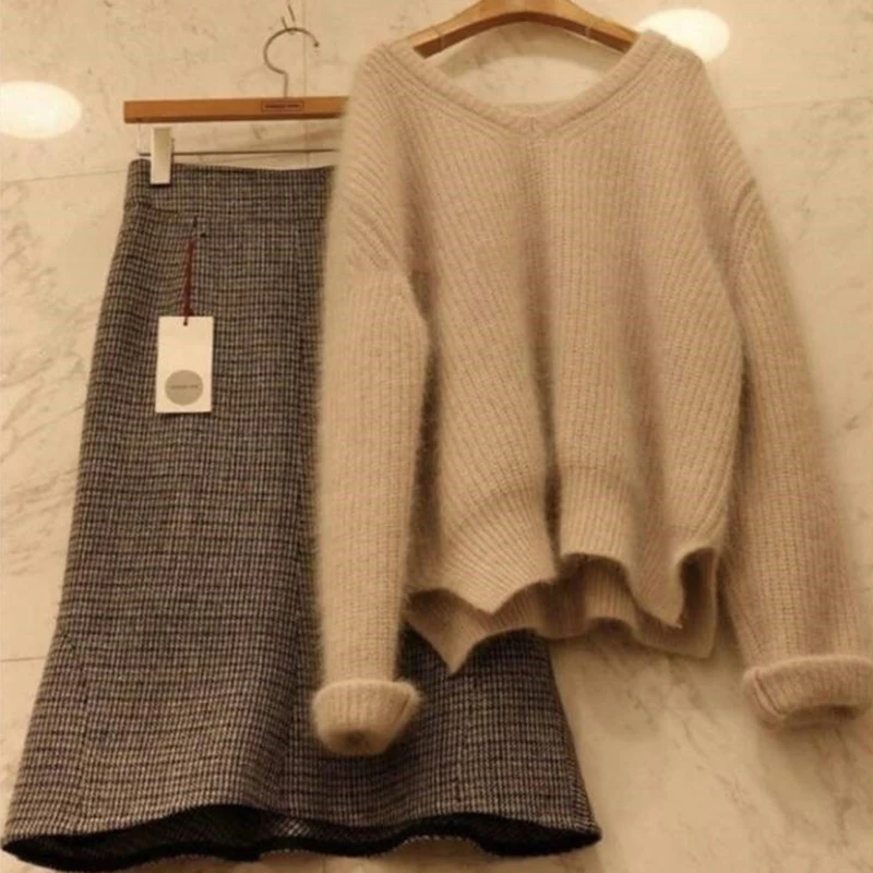 2018 Wool Blend Suits Woman Winter Sweaters Sets Women V neck Sweater + Skirts Two Piece Set Korean Pullovers Ladies Knitwear | Женская