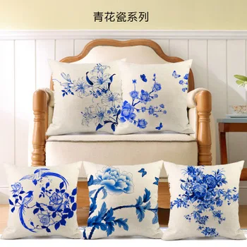 

Chinese style Blue and white porcelain digital printing linen pillow cushion/back cushion No filler 5pcs/lot