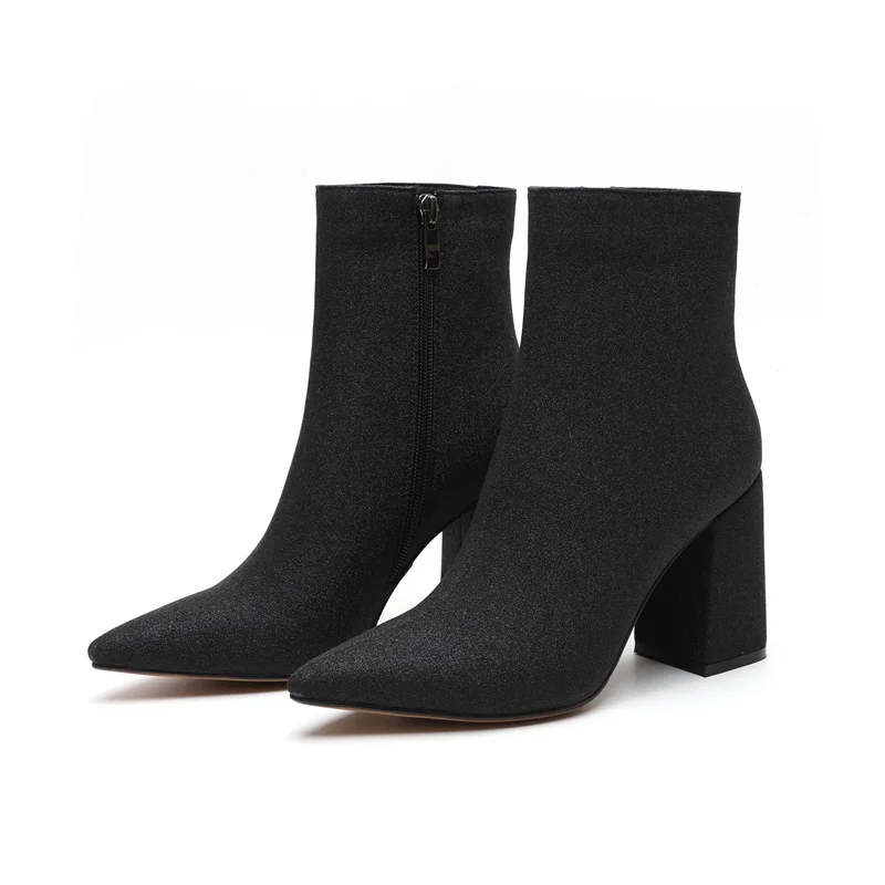 VANKARING вышивать эластичной ткани женские ботильоны Обувь на высоком каблуке осень Женские зимние ботинки модное платье женская обувь сапоги - Цвет: black