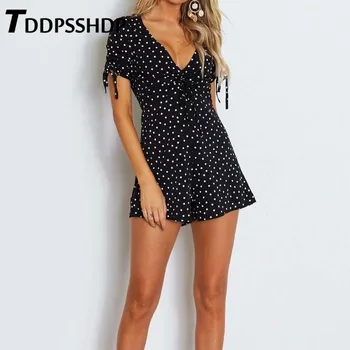 

White Polka Dot Short Sleeve Women Playsuit Deep V Neck Black Color Casual Female Jumpsuit